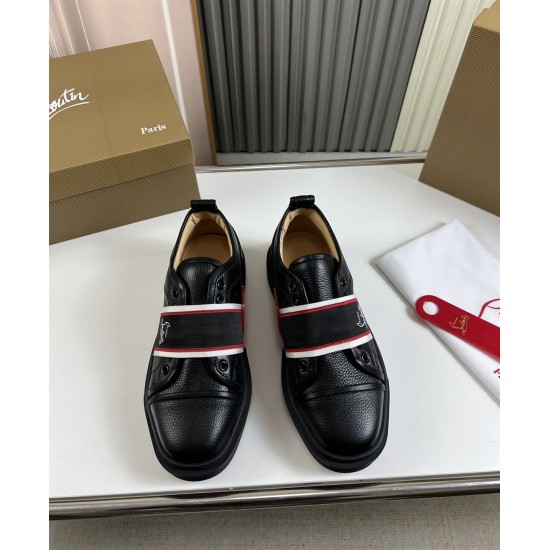 Front view of Christian Louboutin Adolescenza Leather Slip-On Trainers in black showing striped elastic strap in black and red