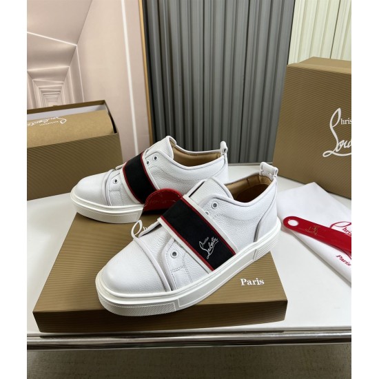 Three-quarter view of Christian Louboutin Adolescenza White Slip On Trainers