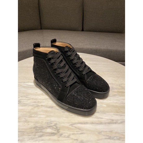 Pair of Christian Louboutin black high top trainers showing top front angle