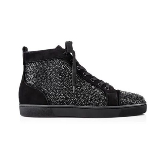 Christian Louboutin Black Embellished High Top Leather Trainers side profile view