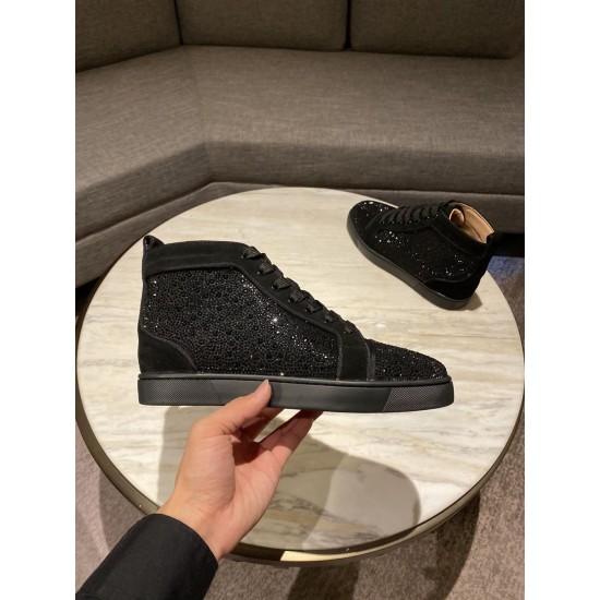 Lateral side of Christian Louboutin black crystal embellished high top trainer