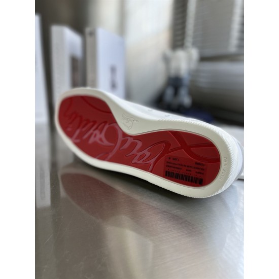Christian Louboutin Louis Junior White Trainer Signature Red Sole Underside view showcasing iconic red rubber sole on Christian Louboutin Louis Junior trainer in white