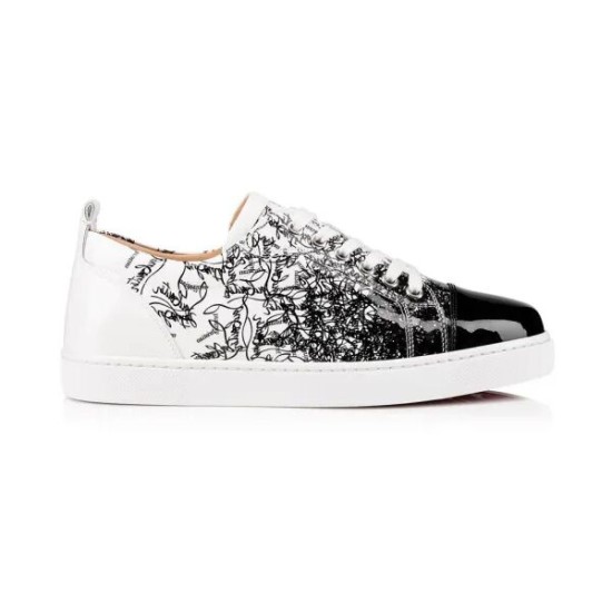 Side view of Christian Louboutin low-top trainers in black and white print with patent toe
