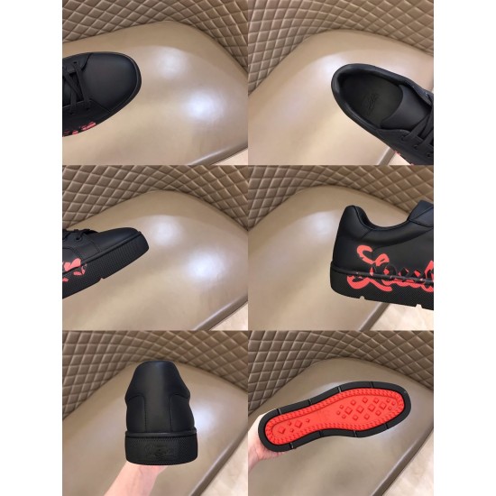 Christian Louboutin Black Trainer Design Details Montage in black and red Collage view showing toe cap, collar, heel counter and red rubber sole of Christian Louboutin trainer in black and red