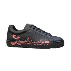 Christian Louboutin Black Leather Red Script Low Top Trainers Smooth