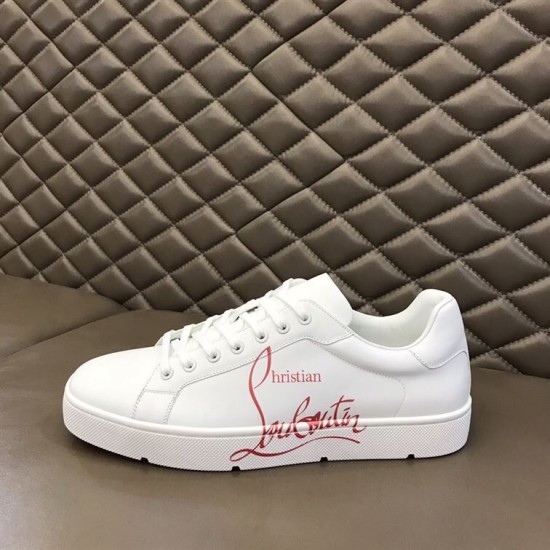 Side profile of Christian Louboutin white script trainer resting on bench seat in white and red