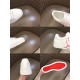 Multi-angle collage of Christian Louboutin white trainer details including red patterned outsole and heel tab