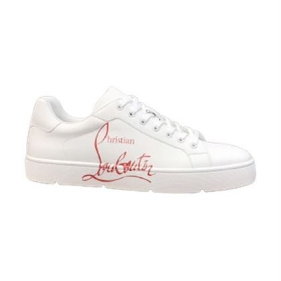 Christian Louboutin white leather low top trainer featuring red script logo on side profile