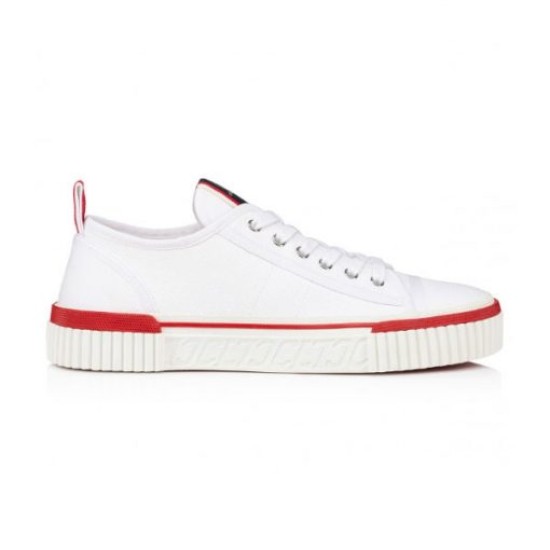 Full lateral side view of Christian Louboutin white low top trainer with red trim