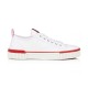 Full lateral side view of Christian Louboutin white low top trainer with red trim