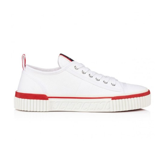 Profile view of Christian Louboutin white canvas low top trainer with red trim on white background
