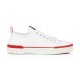 Profile view of Christian Louboutin white canvas low top trainer with red trim on white background
