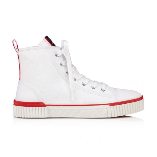 Christian Louboutin White Canvas High Top Trainer Profile Christian Louboutin white canvas high top trainer side profile view