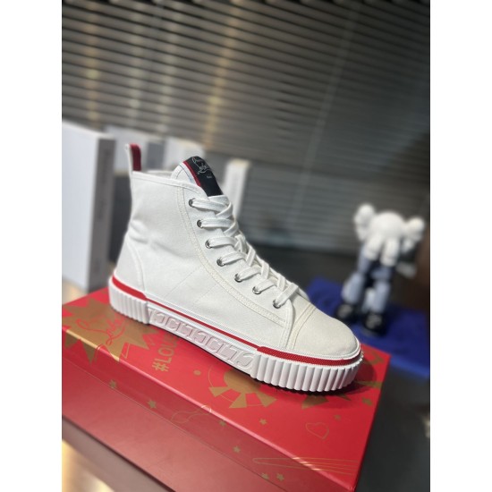 Christian Louboutin White High Top Outer Side View Christian Louboutin white canvas trainer showing outer side profile