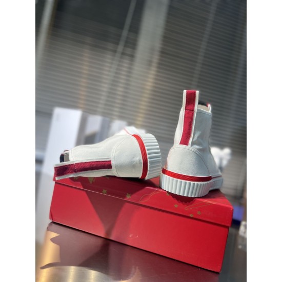 Christian Louboutin High Top Trainer Heel View in white Rear view of Christian Louboutin white trainers showing red heel tabs