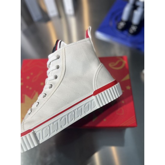 Christian Louboutin Embossed Midsole Detail View in white Close-up of Christian Louboutin white high top trainer midsole logo