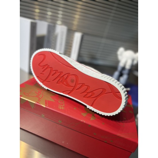 Christian Louboutin Signature Red Rubber Sole in white Underside view showing Christian Louboutin signature red rubber sole in white