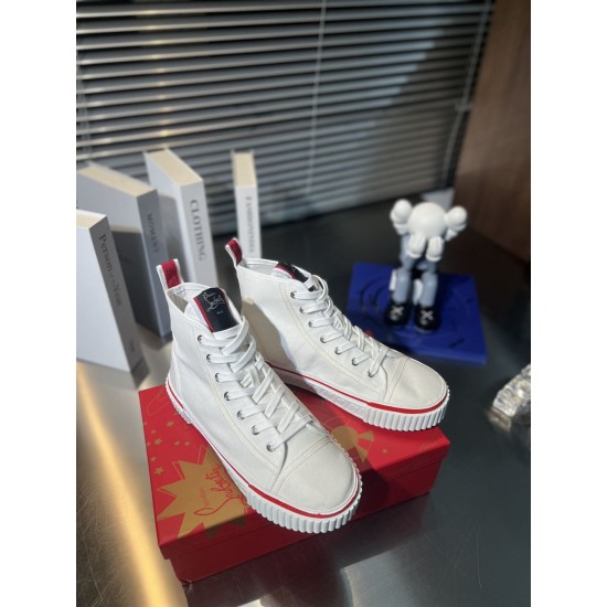 Christian Louboutin White Canvas Trainers Pair View Pair of Christian Louboutin white canvas high top trainers on box