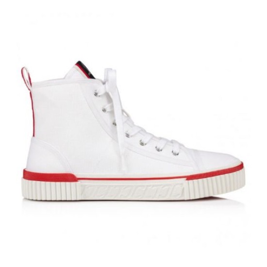 Christian Louboutin White Canvas High Top Side View Side profile of Christian Louboutin white canvas high top trainer