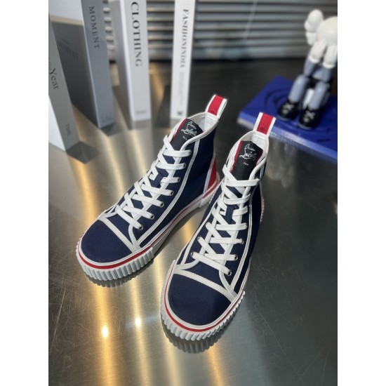 Pair of navy Christian Louboutin Pedro Junior High-Top Canvas Trainers seen from above in navy and red
