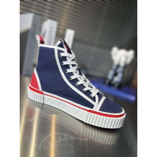 Close-up profile of navy Christian Louboutin Pedro Junior High-Top Canvas Trainer with white piping in navy and red