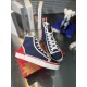 Christian Louboutin Pedro Junior High-Top Canvas Trainers in navy resting on a red shoe box