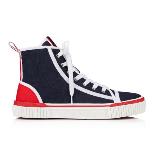 Christian Louboutin Pedro Junior High-Top Canvas Trainers in navy with red panel, lateral side view
