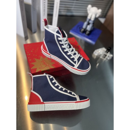Side profile and top-down arrangement of Christian Louboutin Pedro Junior High-Top Canvas Trainers in navy and red