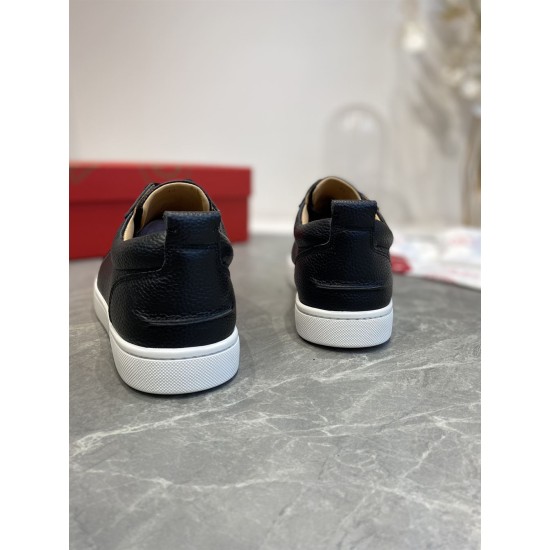 Rear view of heel tabs and textured black leather back on Christian Louboutin Rantulow trainers