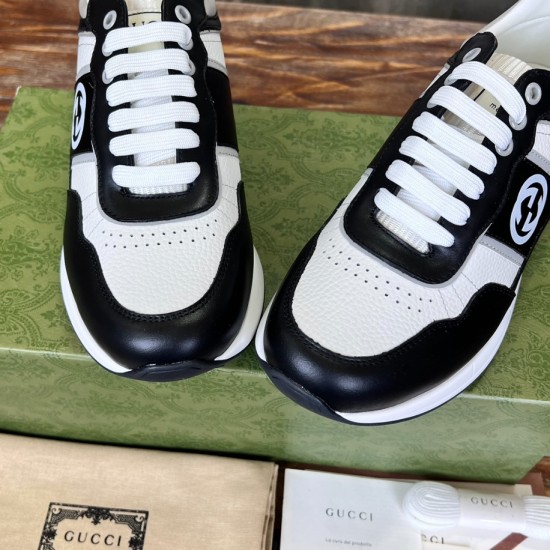 Gucci Leather Low Top Trainers Black White toe box and lace closure close-up