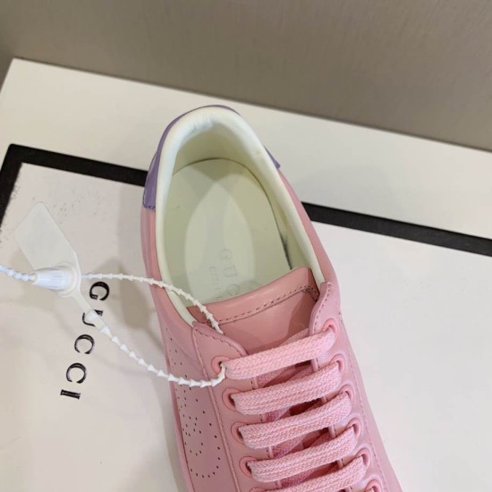 Gucci Pink Leather Trainer Upper Detail and Laces in pink and purple Close-up top view of the lace-up closure and tongue on the Gucci pink leather trainer in pink and purple