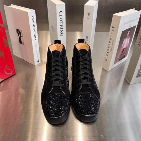 Christian Louboutin Black Crystal High Top Trainers Pair Front View Pair of Christian Louboutin black crystal trainers viewed from the front