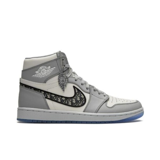 Dior High Top Trainers Grey And White Leather lateral profile view