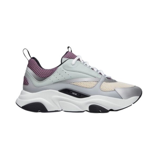 Profile view of Dior B22 trainer in grey and purple on white background