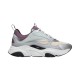 Profile view of Dior B22 trainer in grey and purple on white background
