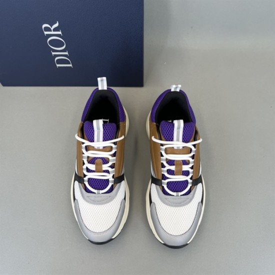 Dior B22 Mesh Trainers Top View in brown and purple Top-down view of Dior B22 brown, white, and purple mesh low-top trainers pair