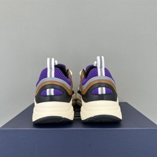 Dior B22 Heel Design View in brown and purple Rear heel view of Dior B22 trainers with purple mesh trim and pull loops in brown and purple