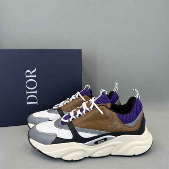 Dior B22 Trainers Pair Angle in brown and purple Pair of Dior B22 brown leather and purple mesh trainers arranged on display