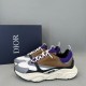 Dior B22 Trainers Pair Angle in brown and purple Pair of Dior B22 brown leather and purple mesh trainers arranged on display