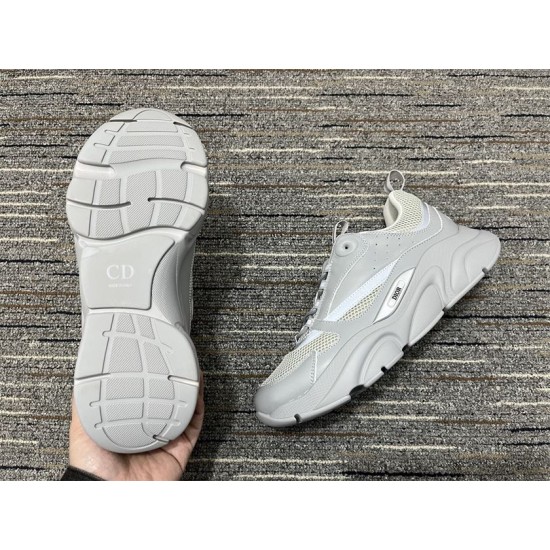 Dior B22 Grey Mesh Leather Chunky Low Top Trainer sole and side profile