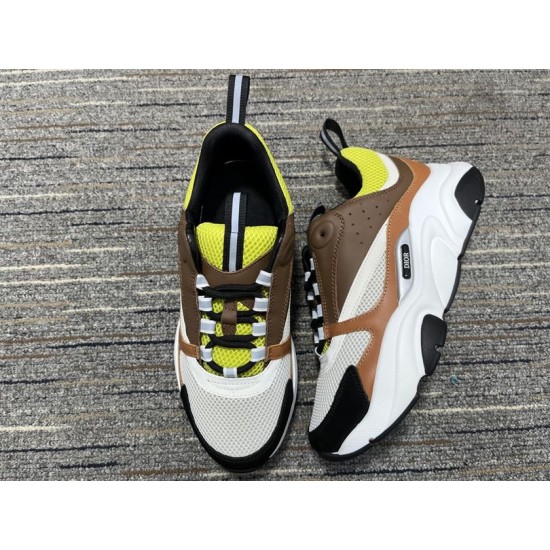 Dior B22 Brown Trainers Front Upper Detail in brown and lime Front upper view of Dior B22 brown low top trainers highlighting the lime green mesh tongue and black laces