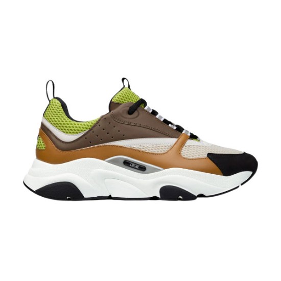 Dior B22 Brown Leather Low Top Trainers Side View in brown and lime Side profile view of Dior B22 brown leather low top trainers with lime green mesh and white sculpted sole