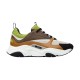 Dior B22 Brown Leather Low Top Trainers Side View in brown and lime Side profile view of Dior B22 brown leather low top trainers with lime green mesh and white sculpted sole