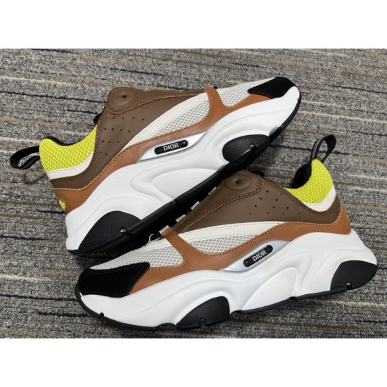 Dior B22 Brown Leather Trainers Stacked View in brown and lime Top-down view of stacked Dior B22 brown leather trainers showing lateral side details in brown and lime