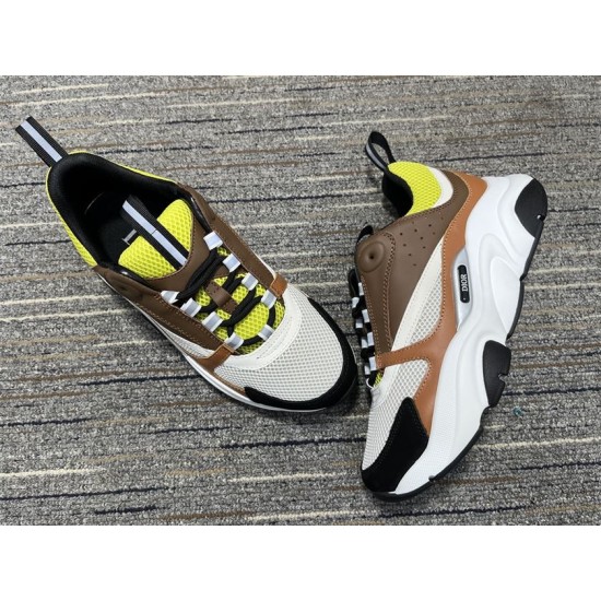 Dior B22 Brown Trainers Angled Top View in brown and lime Angled top view showing the toe box, lacing system, and lime green collar of Dior B22 brown trainers