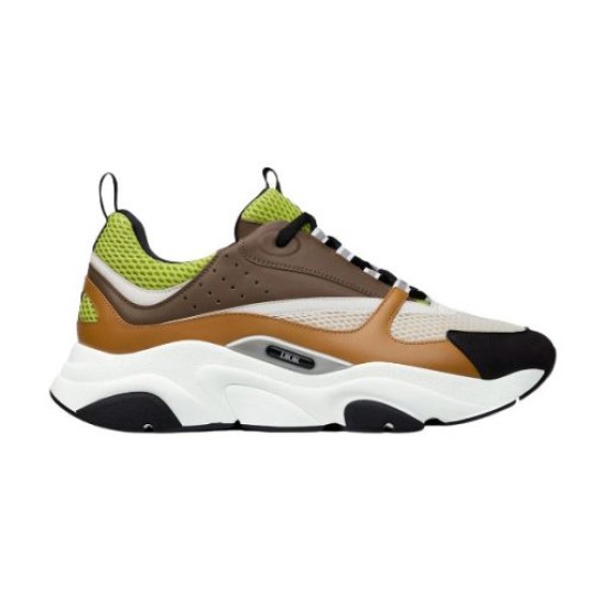 Dior B22 Brown Leather Low Top Trainers Studio View in brown and lime Isolated side view of Dior B22 brown leather low top trainers with lime green accents