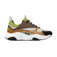 Dior B22 Brown Leather Low Top Trainers Studio View in brown and lime Isolated side view of Dior B22 brown leather low top trainers with lime green accents