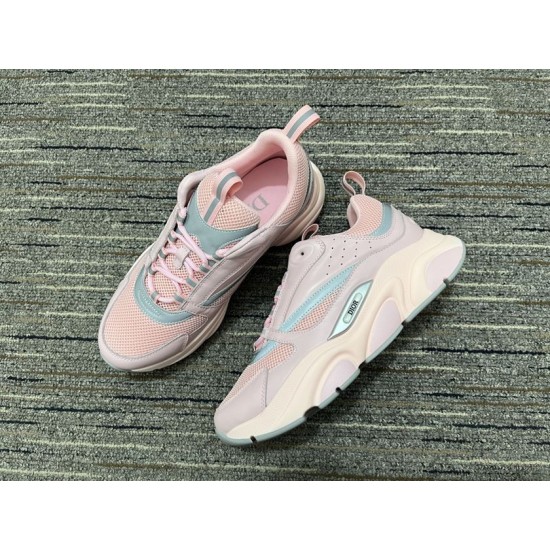 Dior B22 Pink Trainers Front and Side Angle in pink and white Dior B22 Pink Mesh Leather Trainer pair showing top lace section and side logo in pink and white
