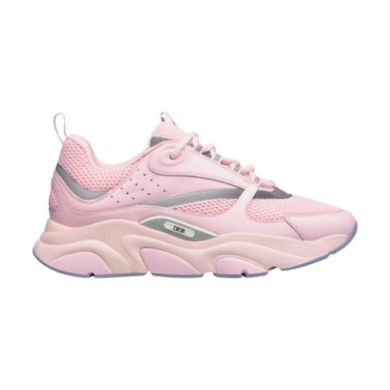 Dior B22 Pink Chunky Trainer Profile in pink and white Dior B22 Pink Mesh Leather Chunky Low Top Trainer isolated profile shot in pink and white