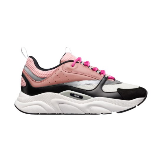 Side profile of Dior B22 trainer in pink white and black leather